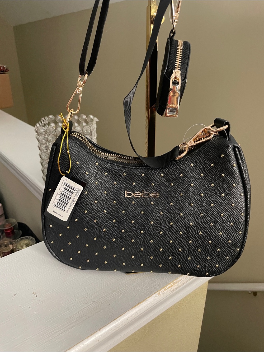 bebe Black Crossbody with Gold Studs and Hardware
